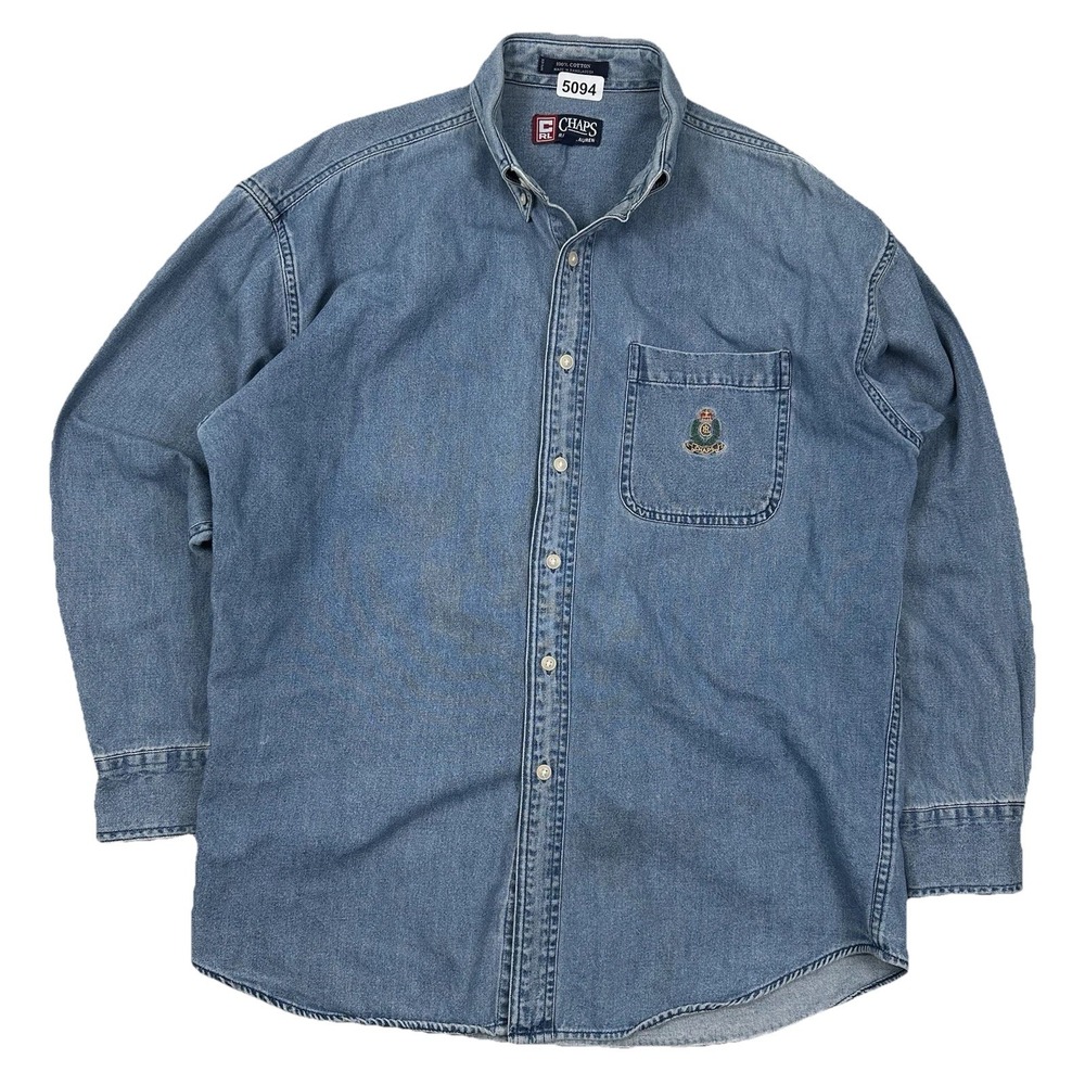 VTG 1990’s Chaps X Ralph Lauren Denim Shirt Men Medium Y2K Blue Crest Old Money